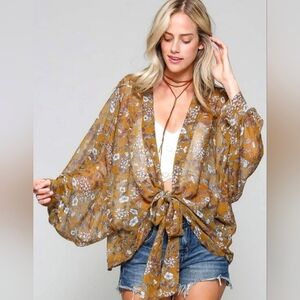 Sheer Floral Mustard Front Tie Kimono Top